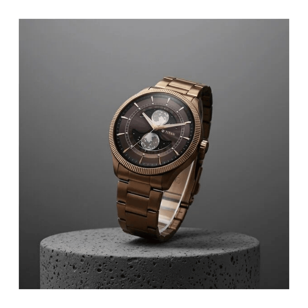 Titan Stellar Analog with Dual Moon Phase and Brown Dial IP Bronze Stainless Steel Strap Watch for Men 10050QM01