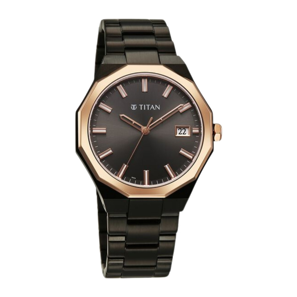 Titan Regalia Dodecagon Quartz Analog with Date Grey Dial Black Stainless Steel Strap Watch For Men (90212KM02)