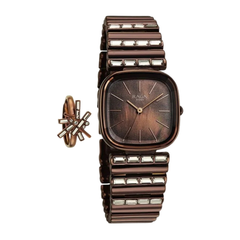 Titan Raga Glimmers Quartz Analog Brown Mother Of Pearl Dial Brown Metal Strap Watch For Women 95339QM01F