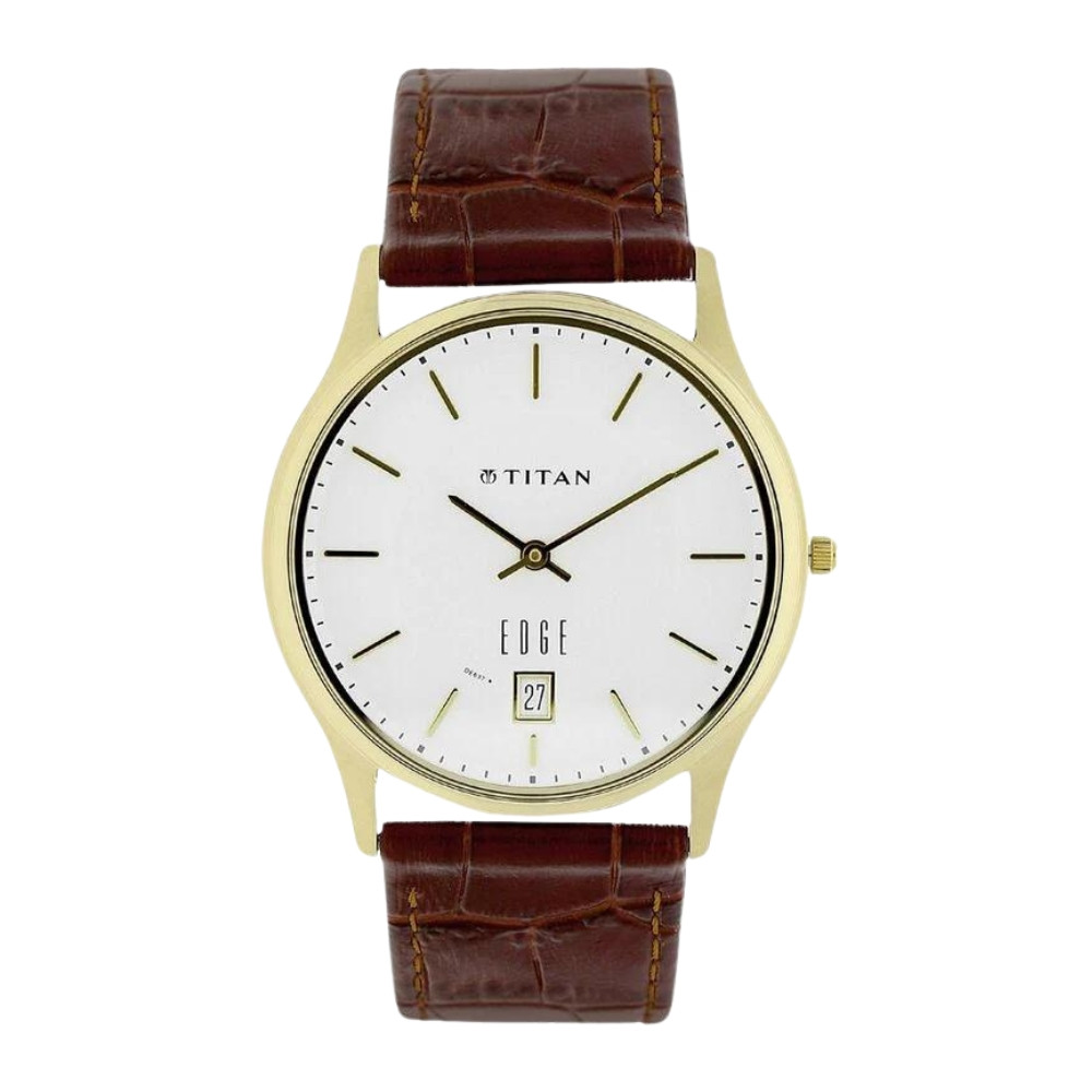 Titan Edge White Dial Analog with Date Leather Strap Watch for Men NR1683YL01