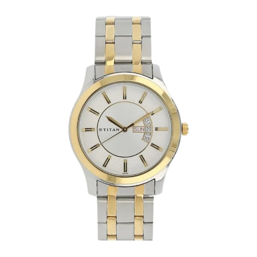 Titan Quartz Analog with Day and Date Silver Dial Stainless Steel Strap Watch for Men (1627BM01)
