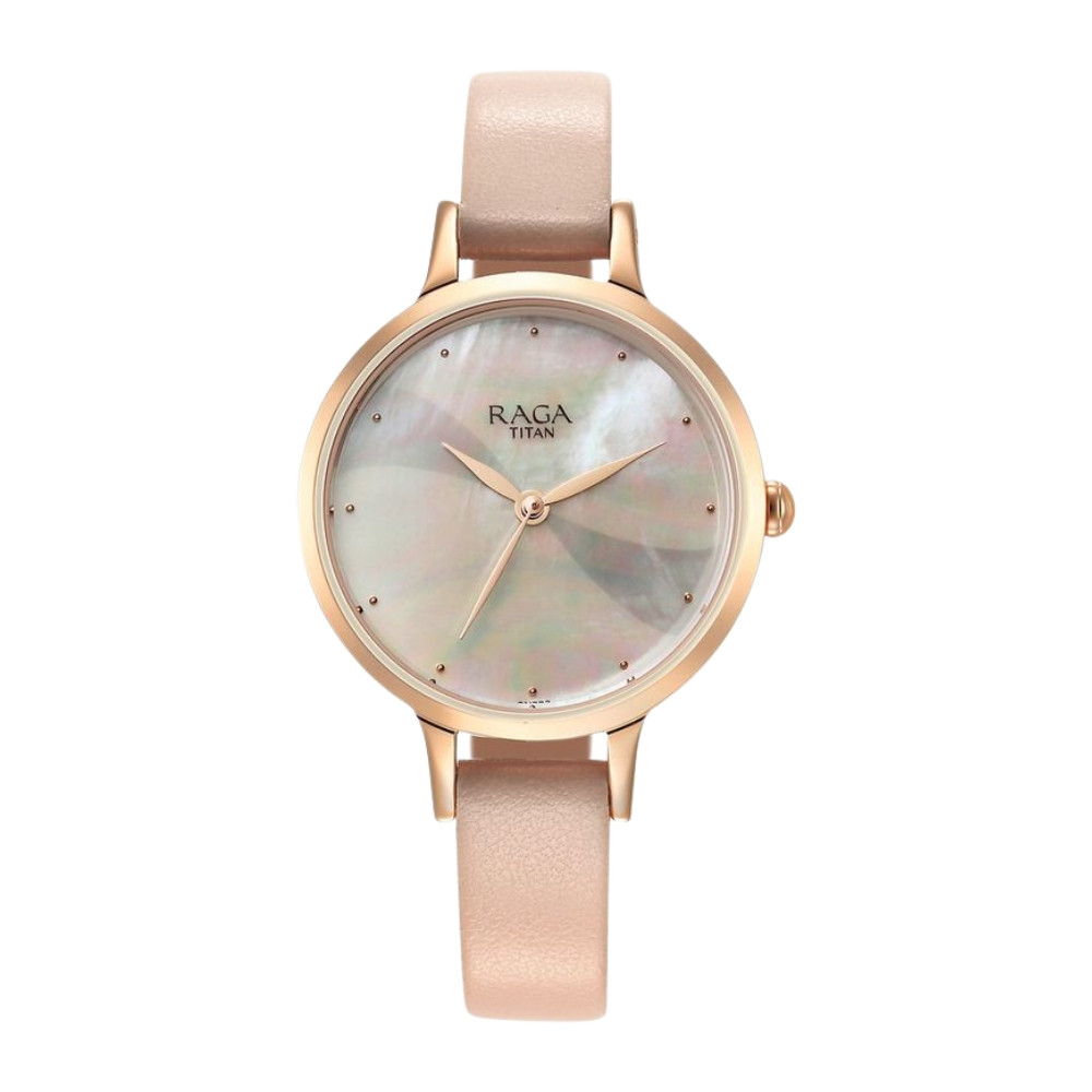 Titan Raga Power Pearls Quartz Analog Mother Of Pearl Dial Leather Strap Watch for Women 2666WL04