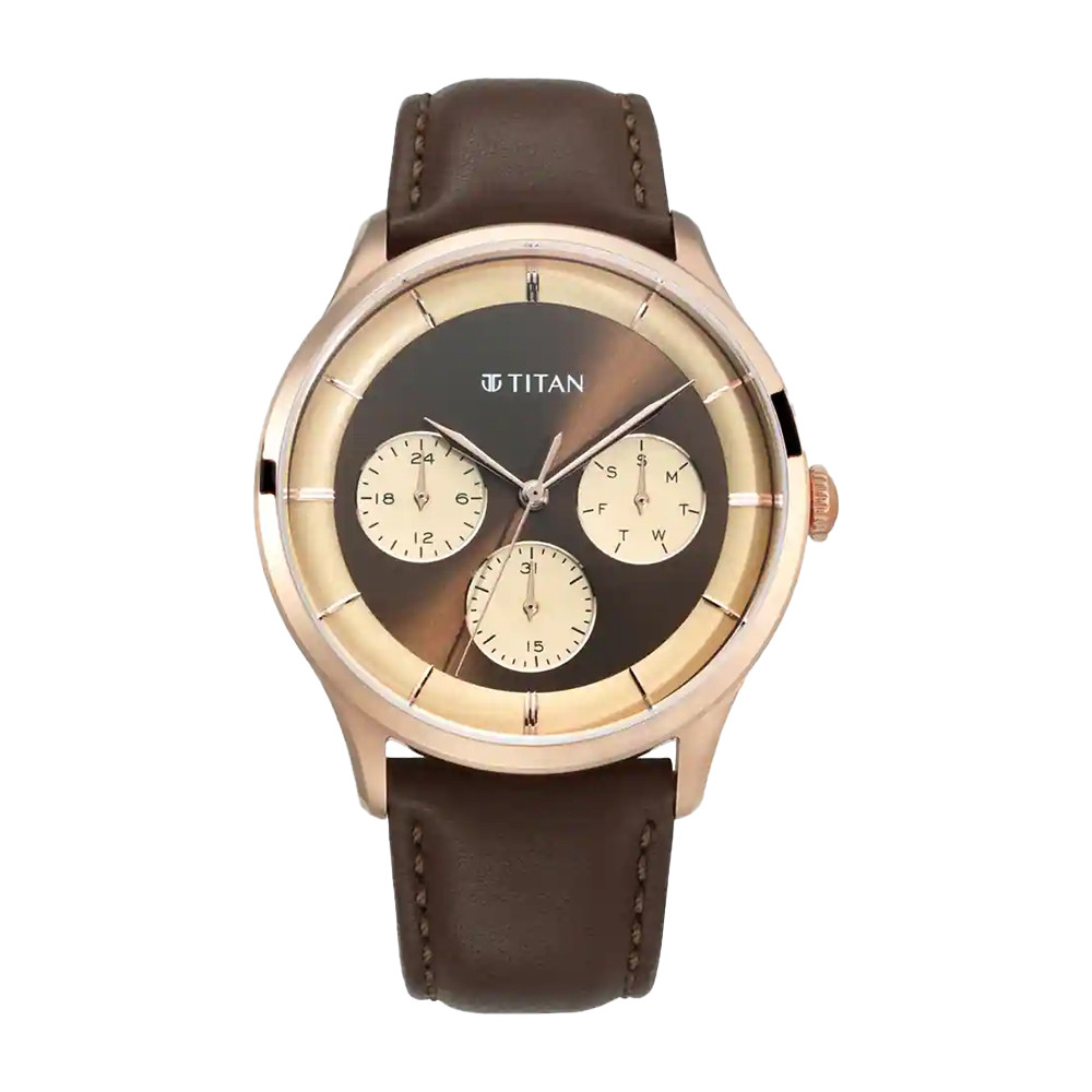 Titan Quartz Multifunction Brown Dial Leather Strap Watch for Men NR90125WL01