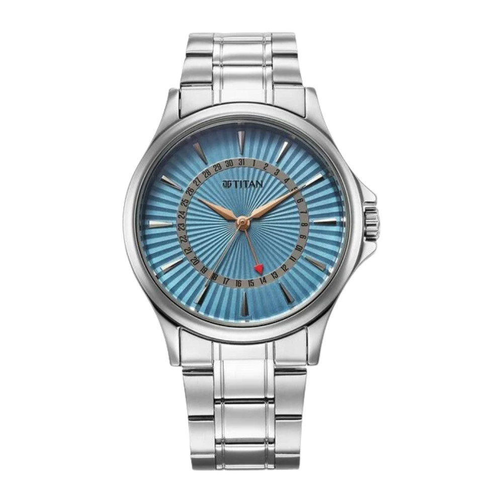 Titan Karishma Quartz Analog with Date Blue Dial Stainless Steel Strap Watch For Men 10038SM01