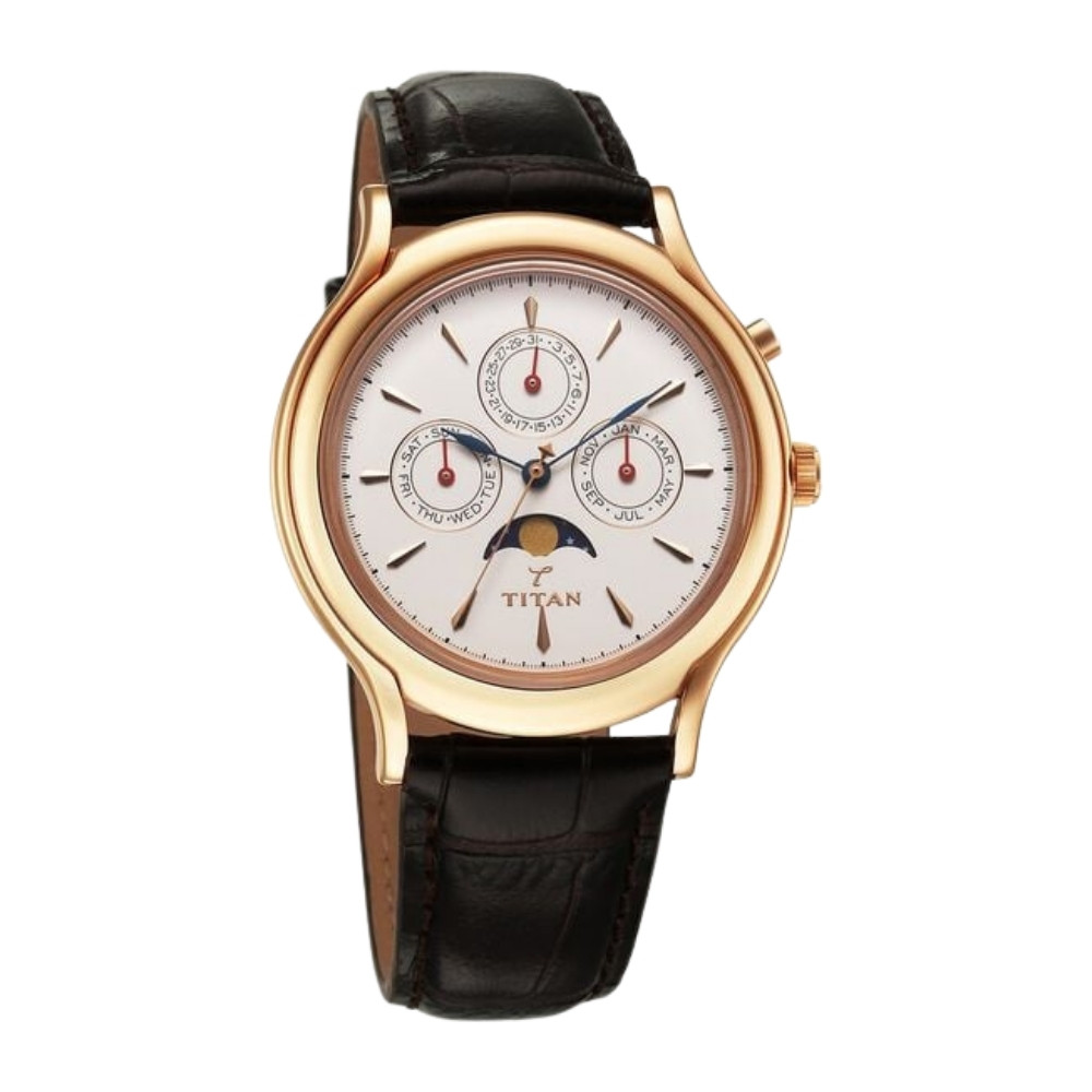 Titan 40 years Quartz Multifunction with Moon Phase White Dial Brown Leather Strap Watch For Men (910031WL01)