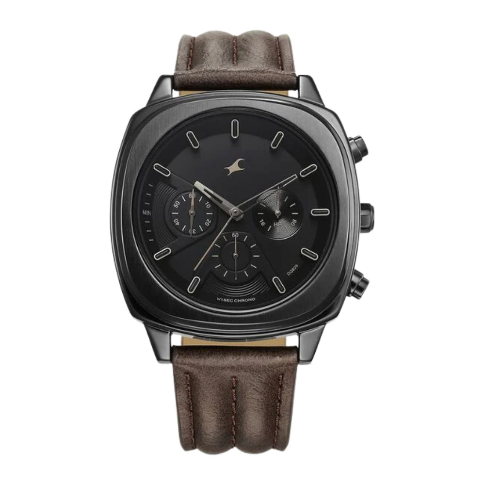 Fastrack Kronos Chronograph Black Dial Brown Leather Strap Watch For Guys 3319NL01