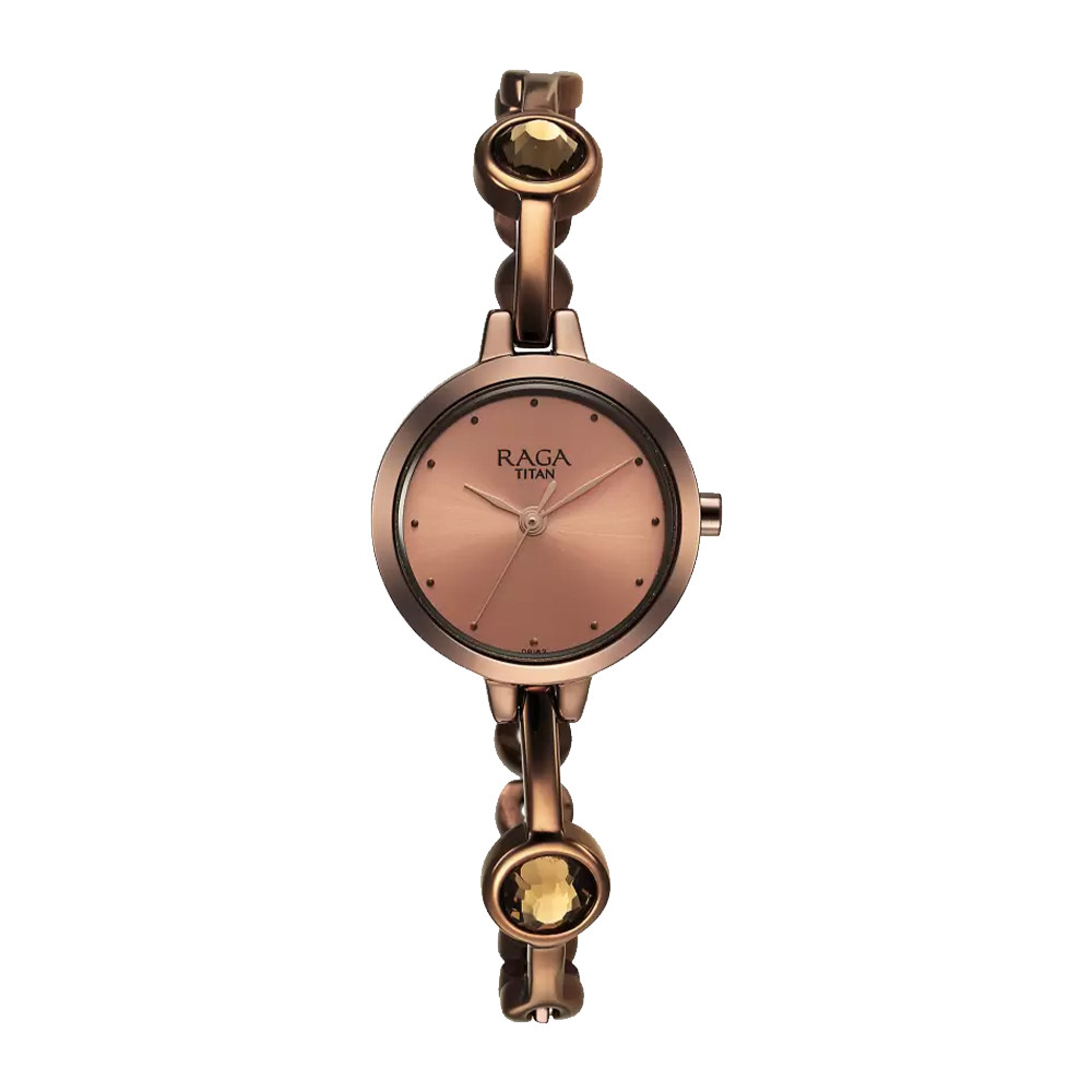 Titan Raga Viva Quartz Analog Rose Gold Dial Brown Metal Strap Watch for Women 2576QM01