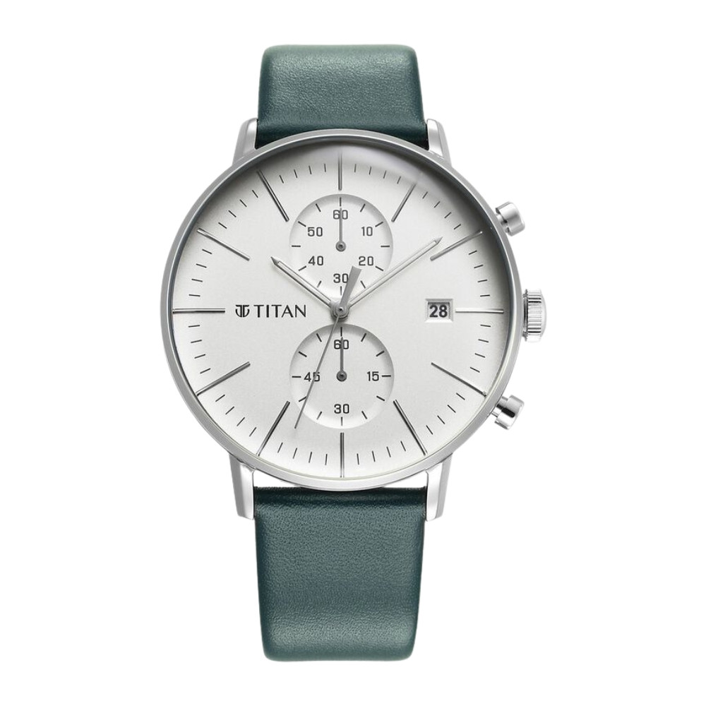 Titan Quartz Chronograph Silver Dial Leather Strap Watch for Men NR90146SL01