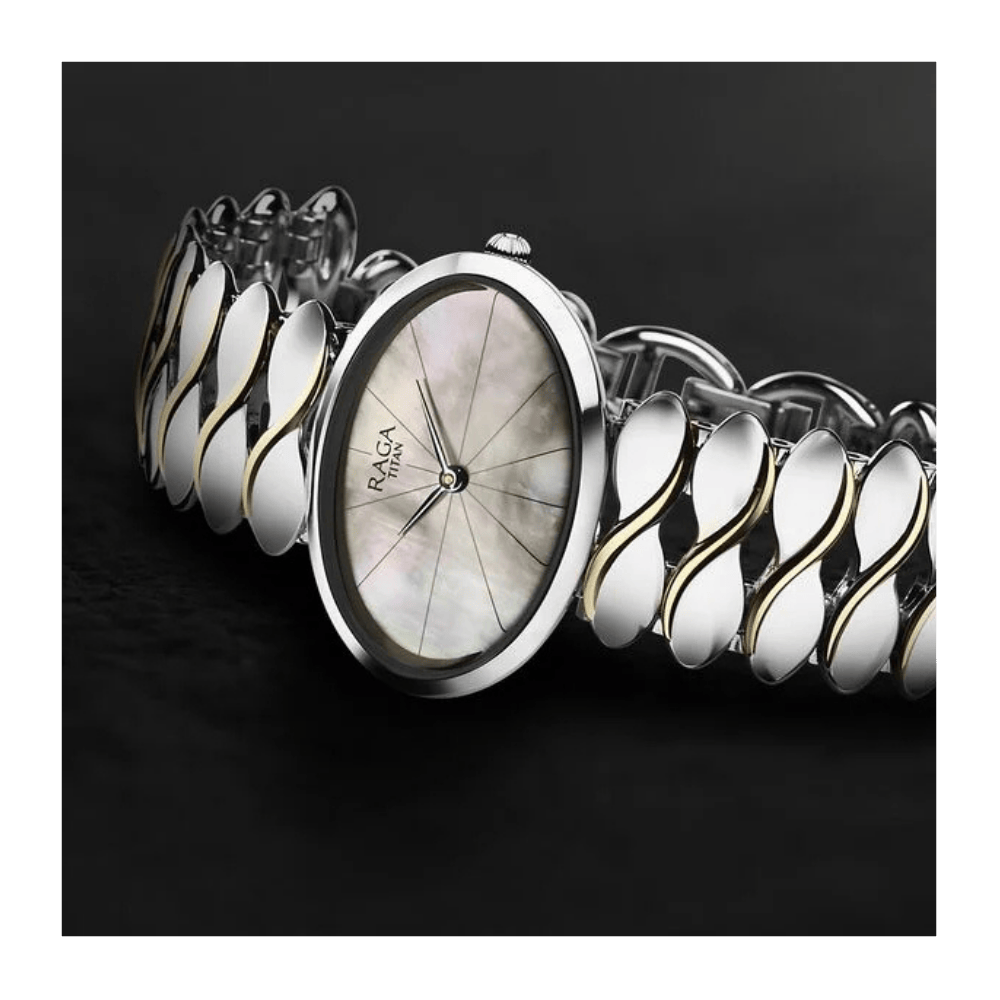 Titan Raga Silver Quartz Analog Mother Of Pearl Dial Sterling Silver Metal Strap And Case Watch For Women 95219VM01