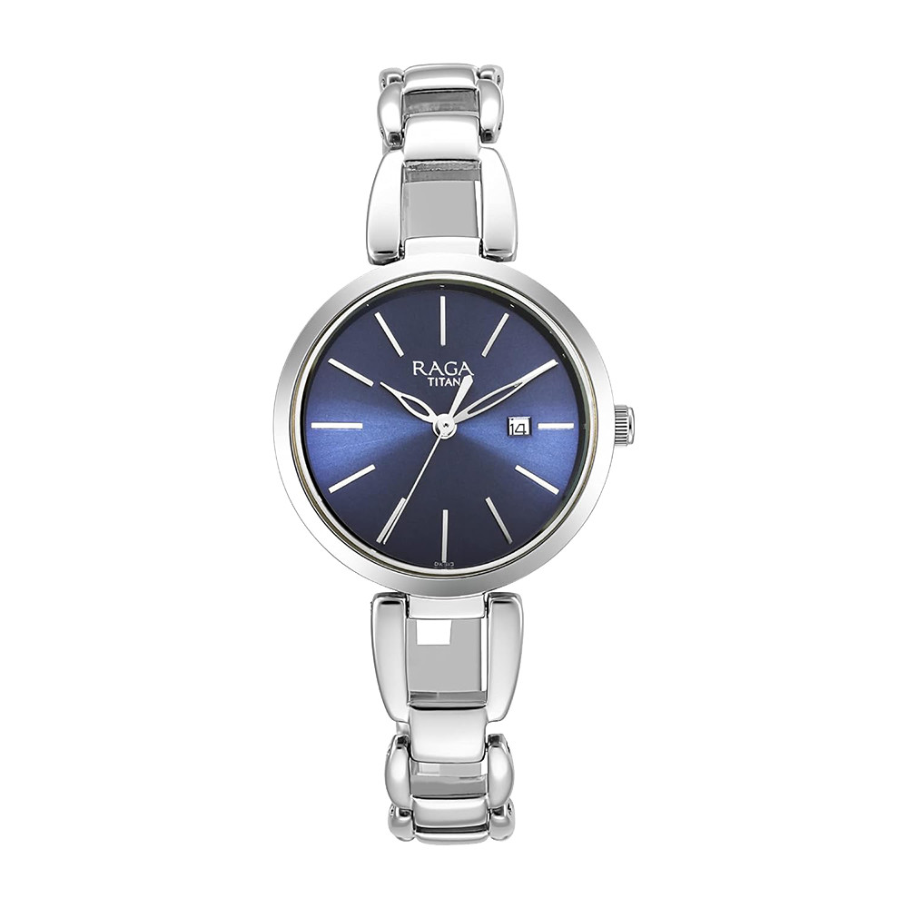 Titan Raga Viva Blue Dial Analog with Date Silver Metal Strap Watch for Women NR2642SM02