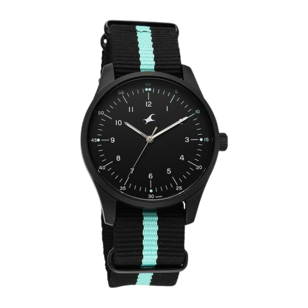 Fastrack Stunners Quartz Analog Black Dial Two Toned Nylon Strap Watch For Guys 38214NP02