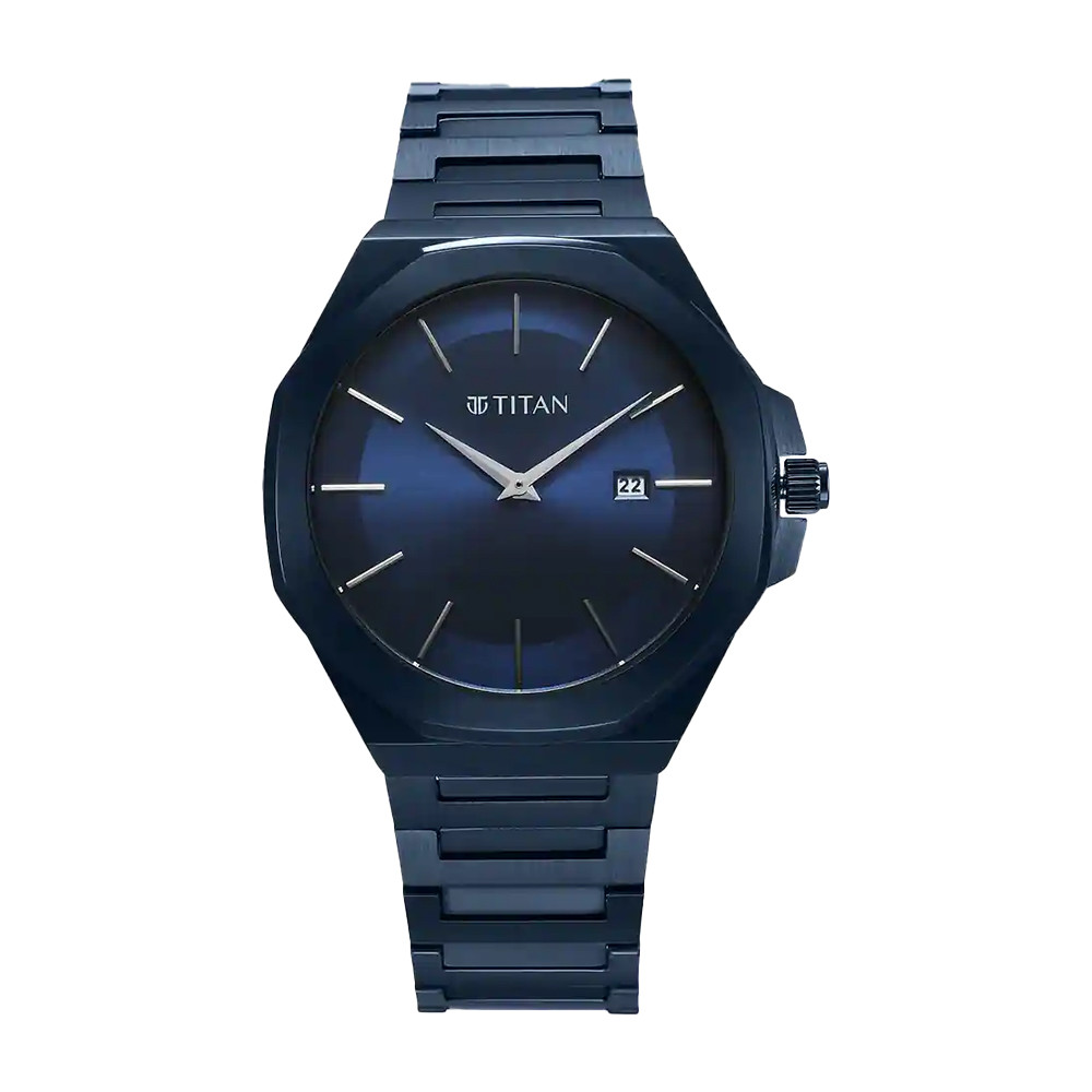 Titan Classique Slim Quartz Analog with Date Blue Dial Stainless Steel Strap Watch for Men 90167QM01
