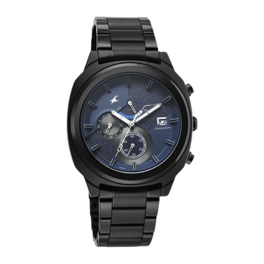 Fastrack Kronos Guys Chronograph Watch With Date Blue Dial & Black Stainless Steel Strap 3335NM01