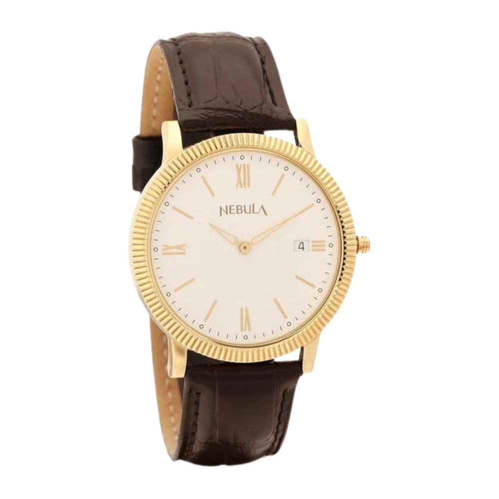 Titan Nebula Vintage 18k Gold Analog Leather Strap Watch for Men NT5056DL03