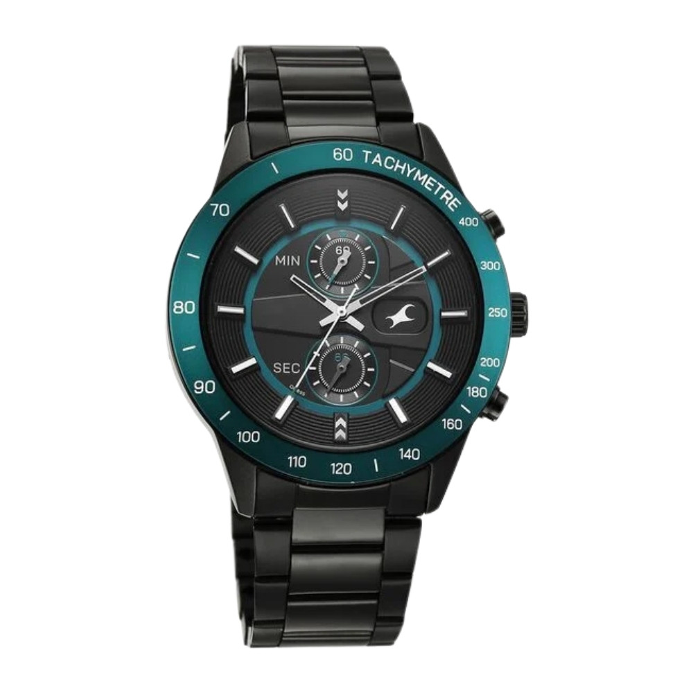 Fastrack Overdrive Quartz Chronograph Tachymeter Black Dial Black Stainless Steel Strap Watch For Guys 3332KM01