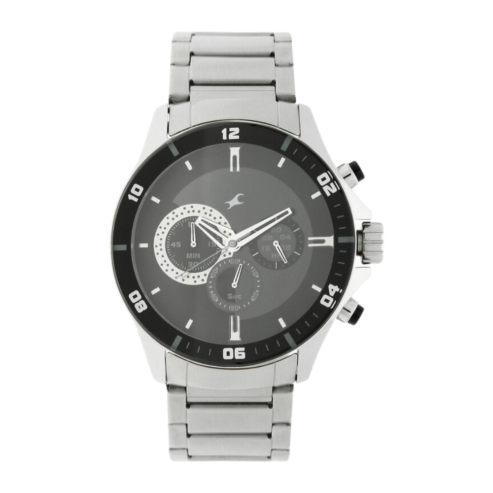 Fastrack Big Time Quartz Chronograph Black Dial Stainless Steel Strap Watch for Guys NR3072SM02