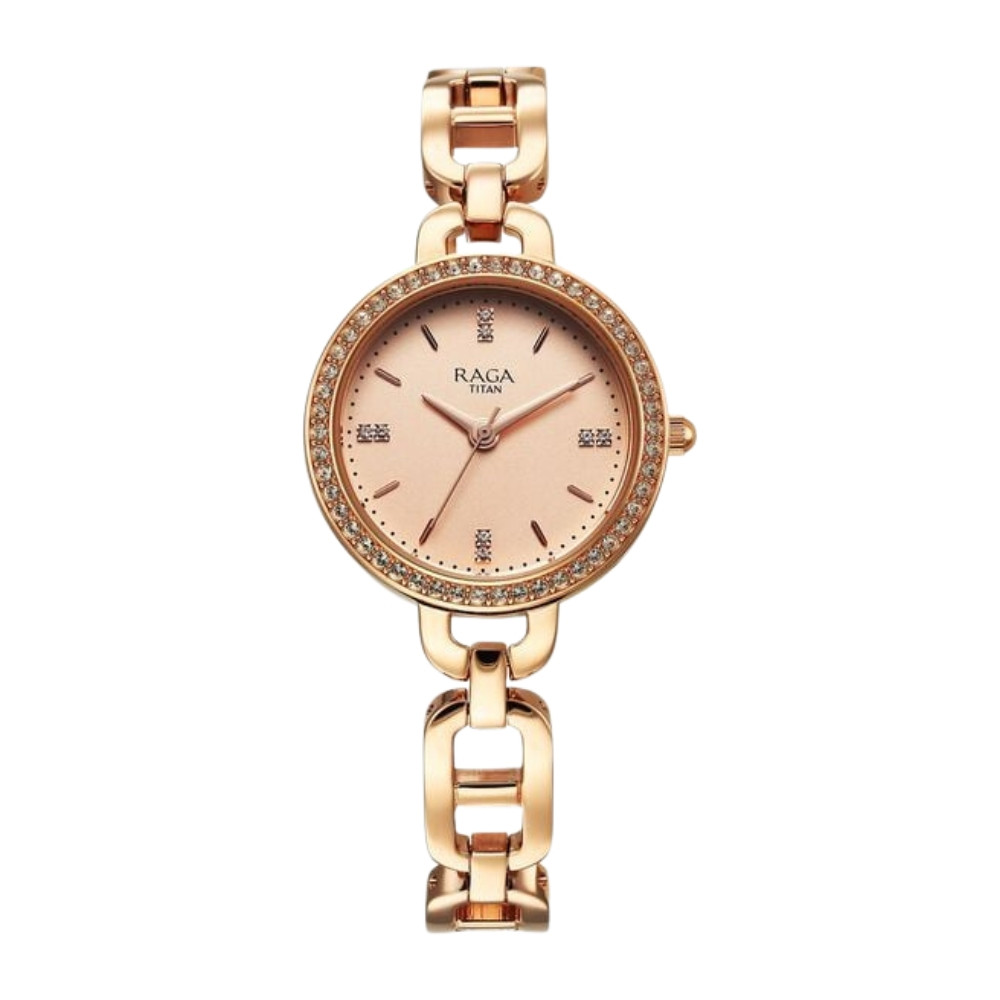 Titan Raga Showstopper Quartz Analog Rose Gold Dial Metal Strap Watch For Women 95305WM01