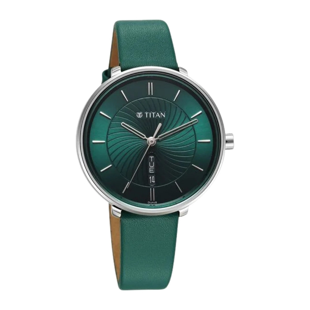 Titan Neo Analog with Day and Date Green Dial Green Color Leather Strap Watch For Women 2763SL02