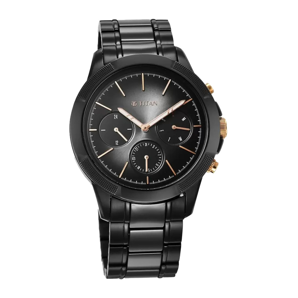 Titan Quartet Black Dial Analog with Day and Date Steel and Ceramic Strap watch for Men NR90090KD03