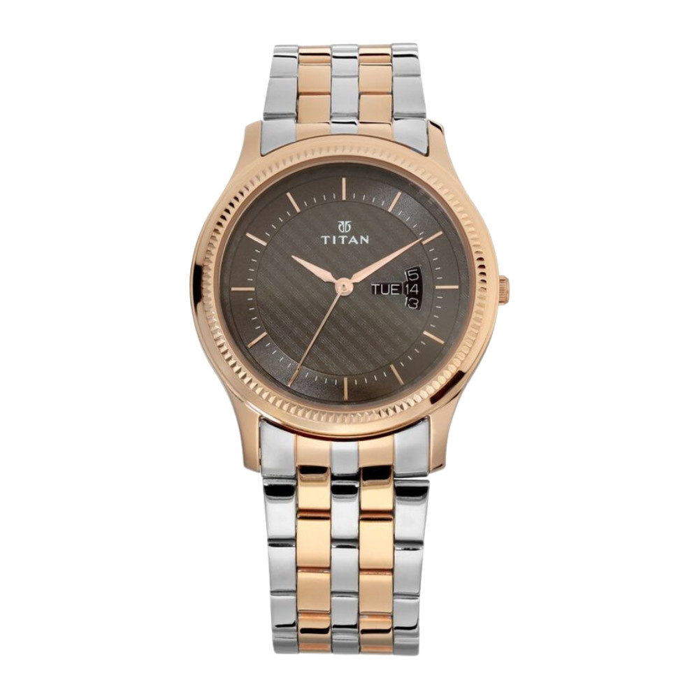 Titan Metal Brown Dial Analog with Day and Date Stainless Steel Strap Watch for Men NN1824KM01