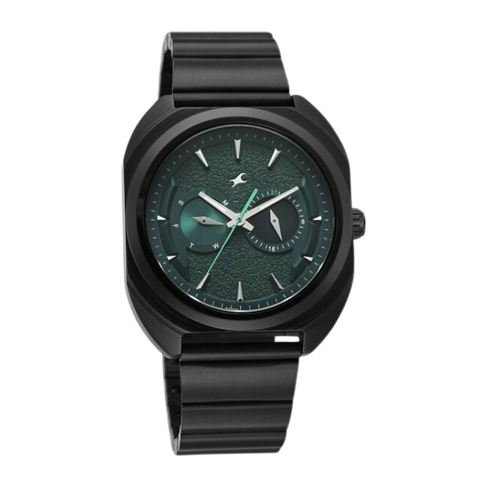Fastrack Wild Analog with Green Dial Black Metal Strap Watch for Guys 3326NM02