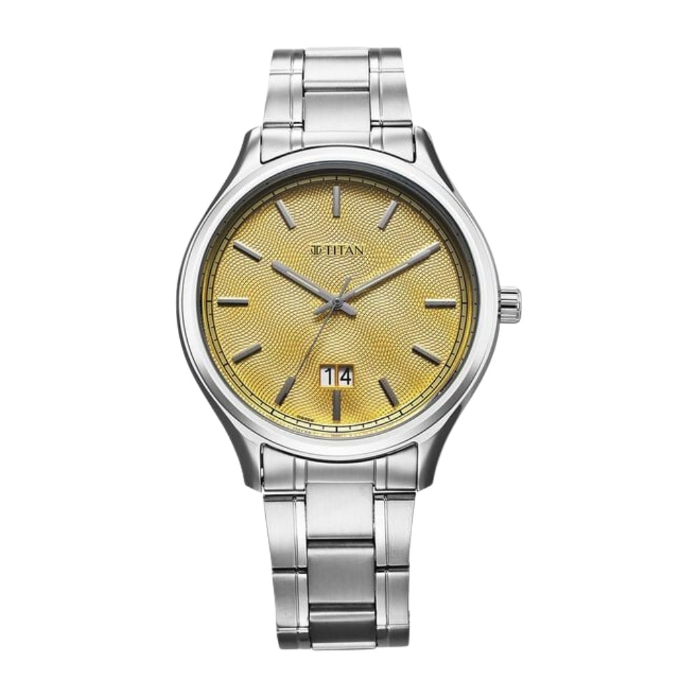 .Titan Palette Of Time Quartz Analog with Date Yellow Dial Stainless Steel Strap Watch For Men 10033SM06