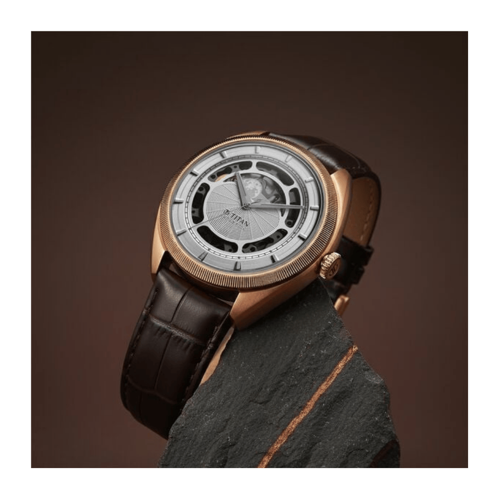 Titan Stellar Cupola Automatic Analog with Sun Moon Phase and Silver Dial Brown Leather Strap Watch for Men 10011QL01