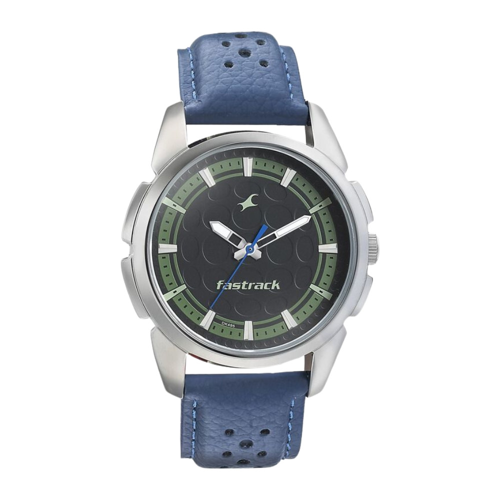 Fastrack Sunburn Quartz Analog Black Dial Leather Strap Watch for Guys NP3233SL02