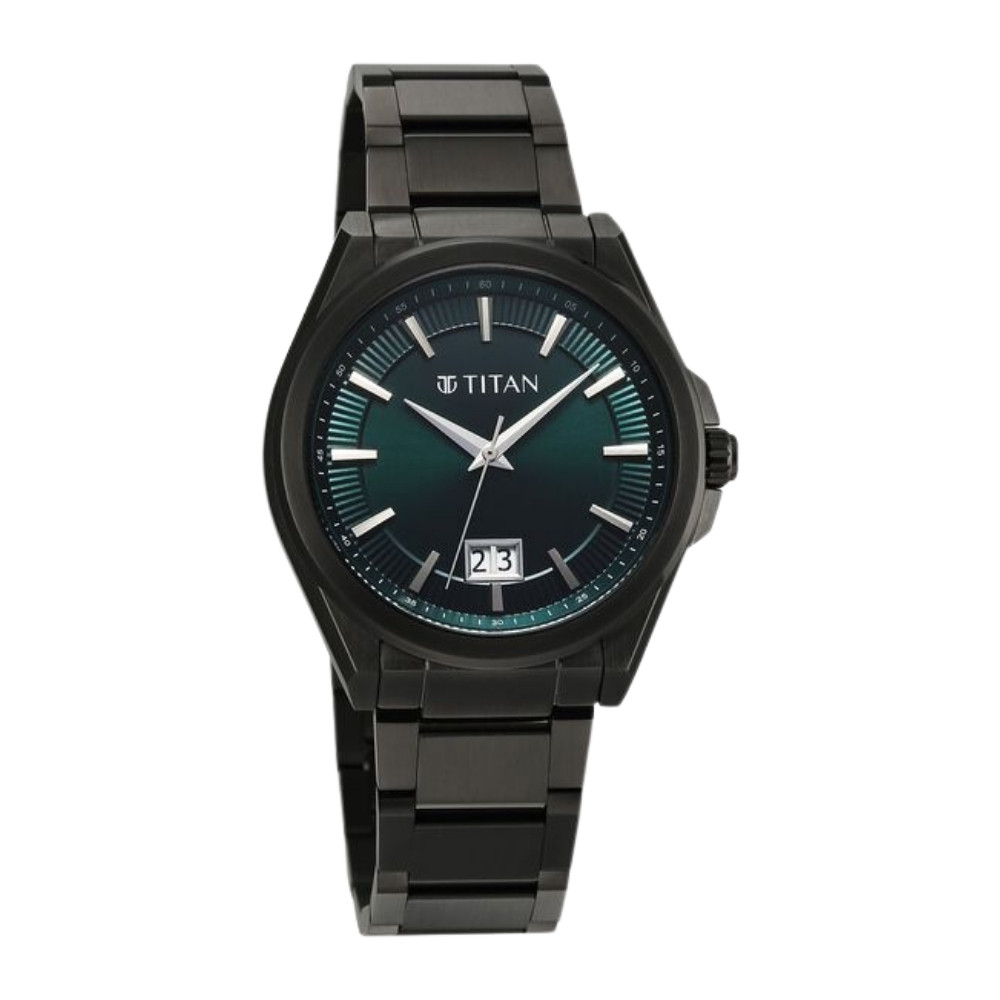 Titan Classique Big Date Analog with Green Dial Dark Gun Stainless Steel Strap Watch for Men 90219QM01