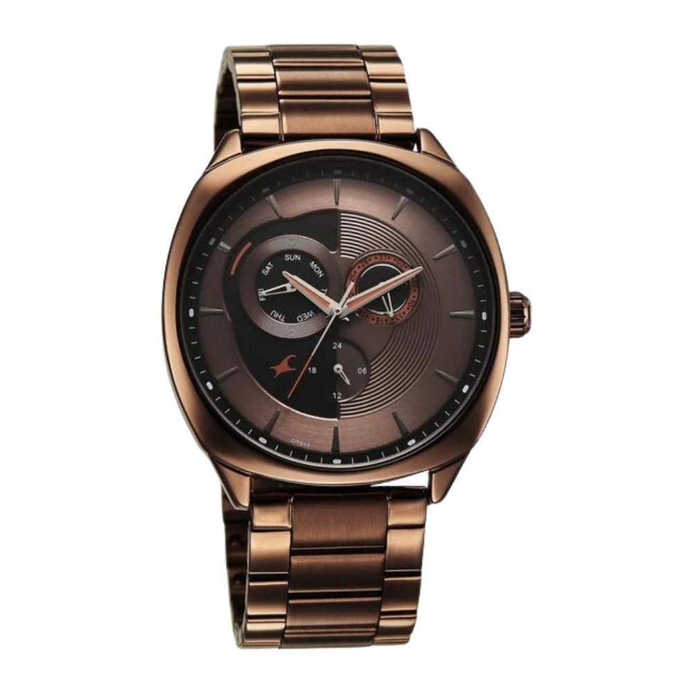 Fastrack Tik Tok Quartz Multifunction Brown Dial Stainless Steel Strap Watch For Guys 3330QM01
