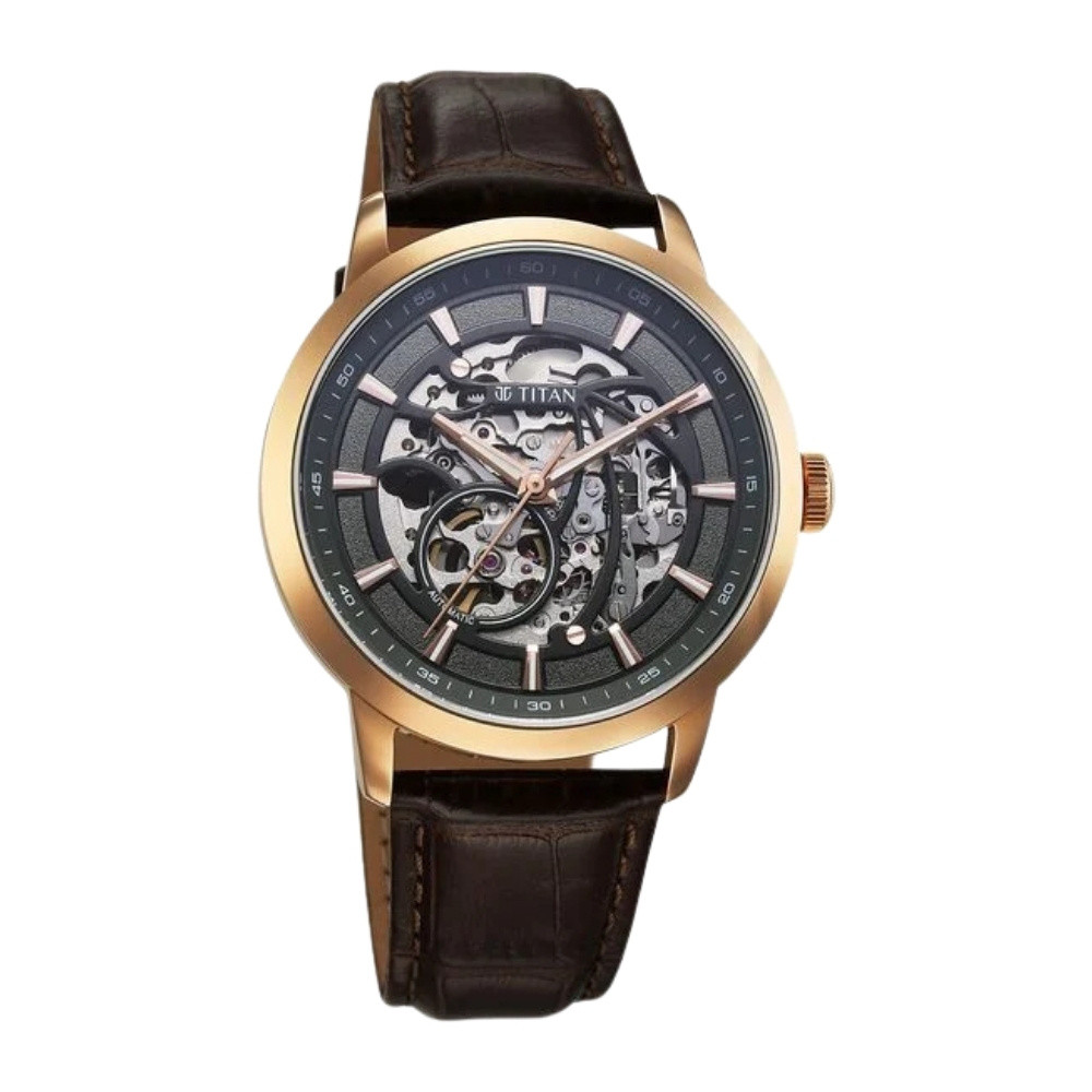 Titan Phoenix Skeletal Automatic Analog with Gun Dial Brown Leather Strap Watch for Men (90223WL01)