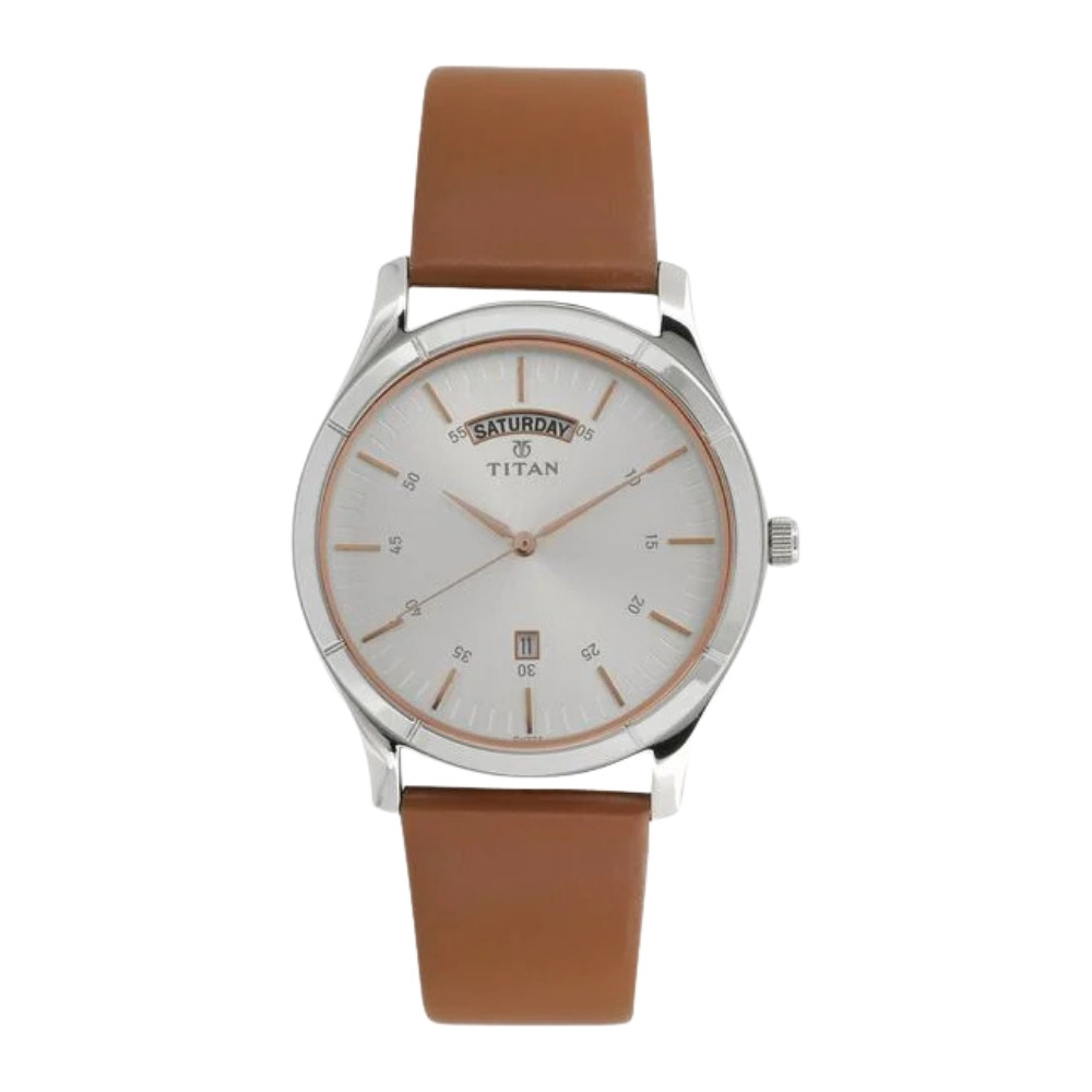 Titan On Trend White Dial Analog with Day and Date Leather Strap watch for Men (1767SL01)