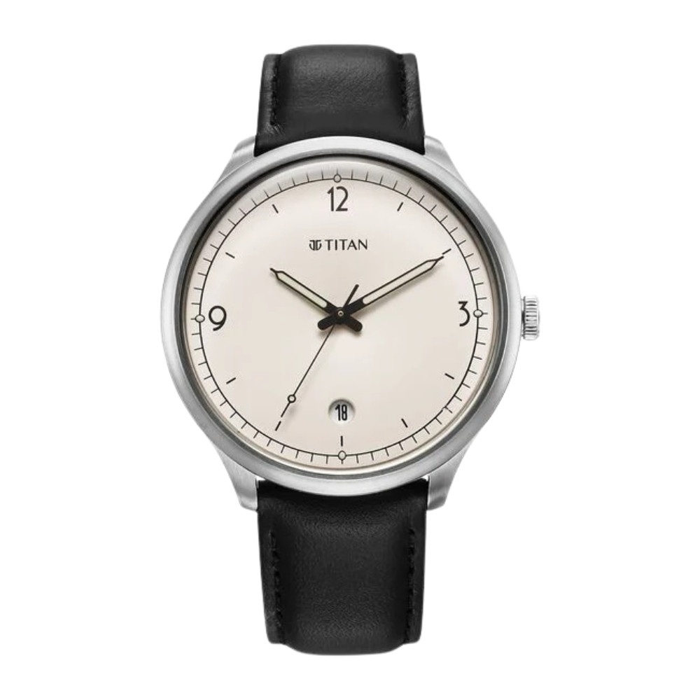 Titan Timeless Treasures Quartz Analog with Date White Dial With Black Color Leather Strap Watch For Men 10023SL05