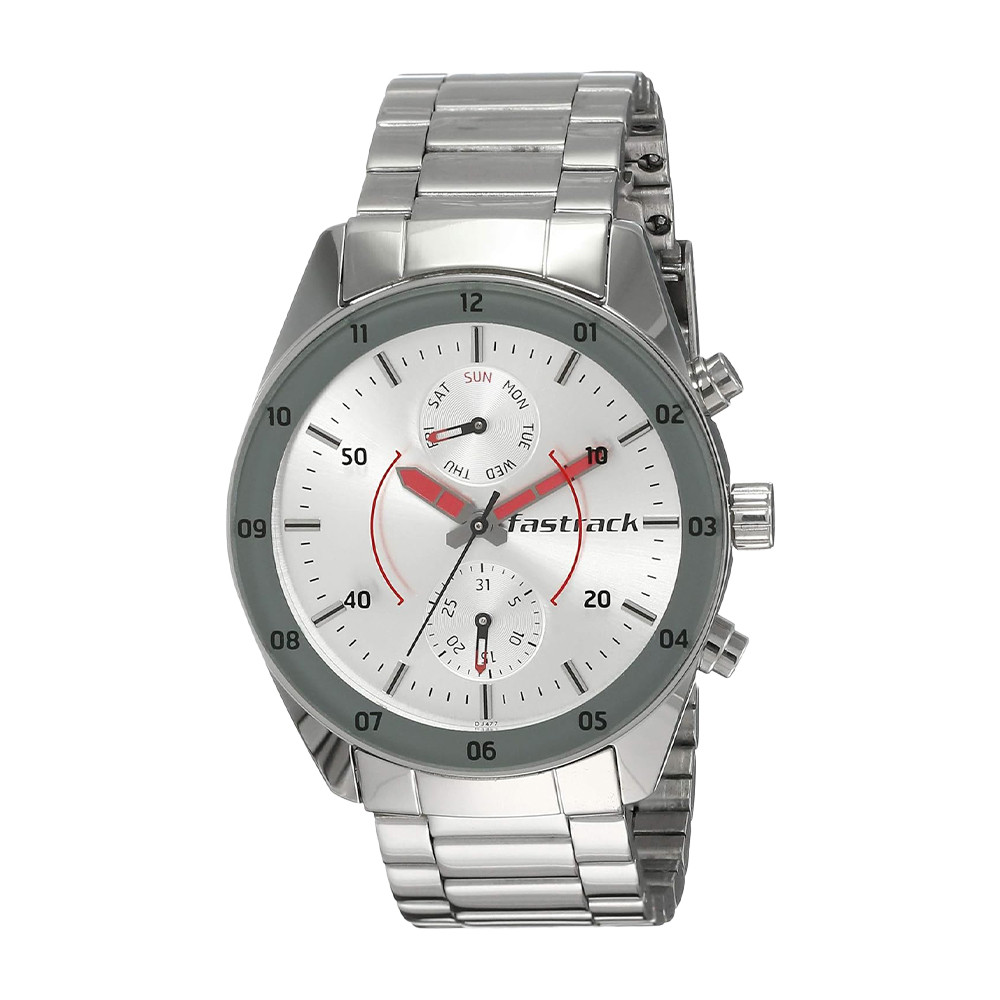 Fastrack Space Rover Quartz Multifunction Silver Dial Stainless Steel Strap Watch for Guys NP3201SM01