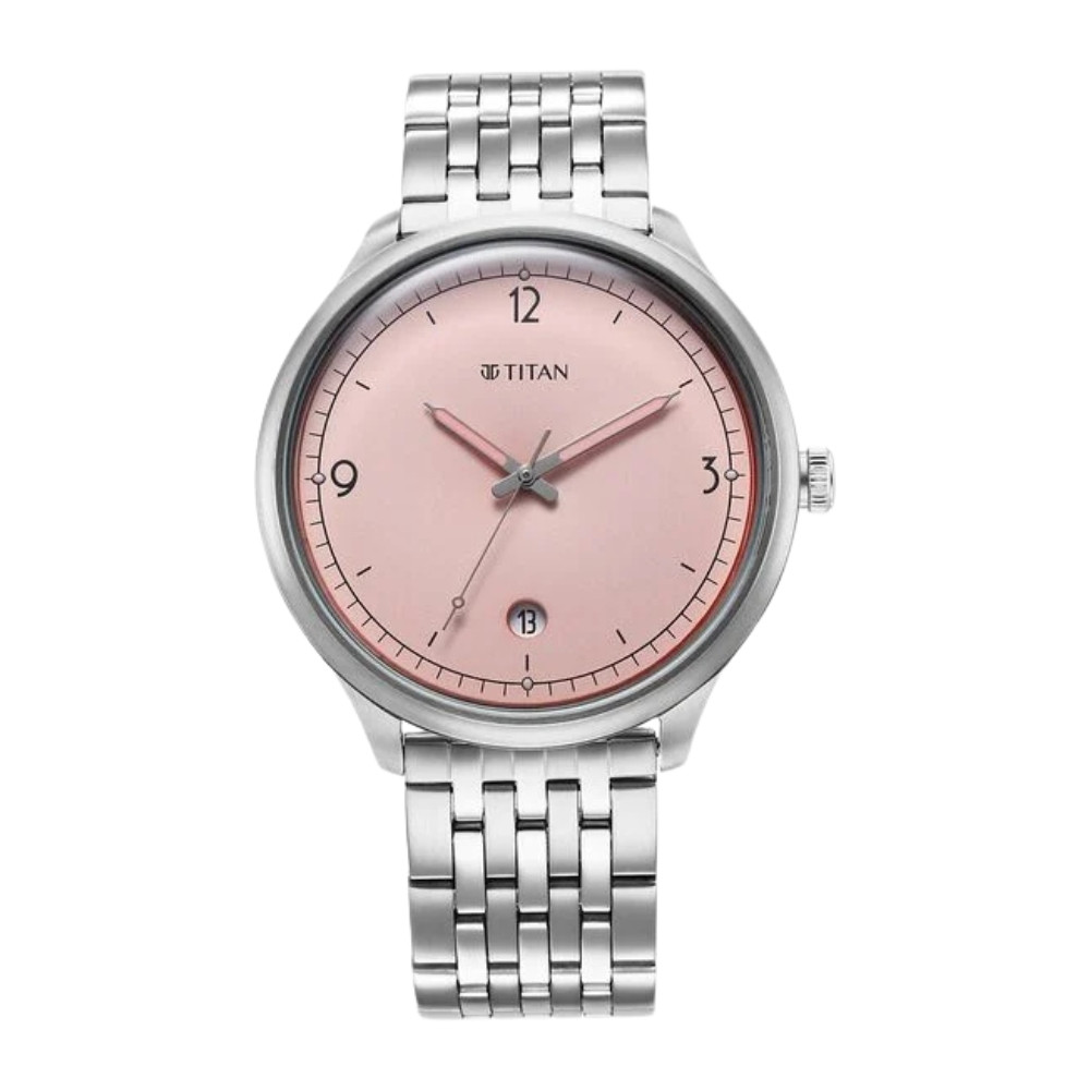 Titan Timeless Treasures Quartz Analog with Date Pink Dial With Silver Color Stainless Steel Strap Watch For Men 10023SM01
