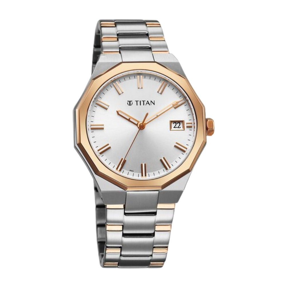 Titan Regalia Dodecagon Quartz Analog with Date Silver Dial Two Toned Stainless Steel Strap Watch For Men (90212KM01)