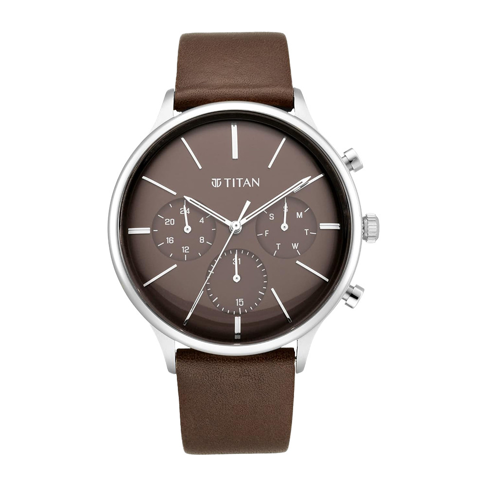 Titan Quartz Multifunction Brown Dial Leather Strap Watch for Men NR90134SL02