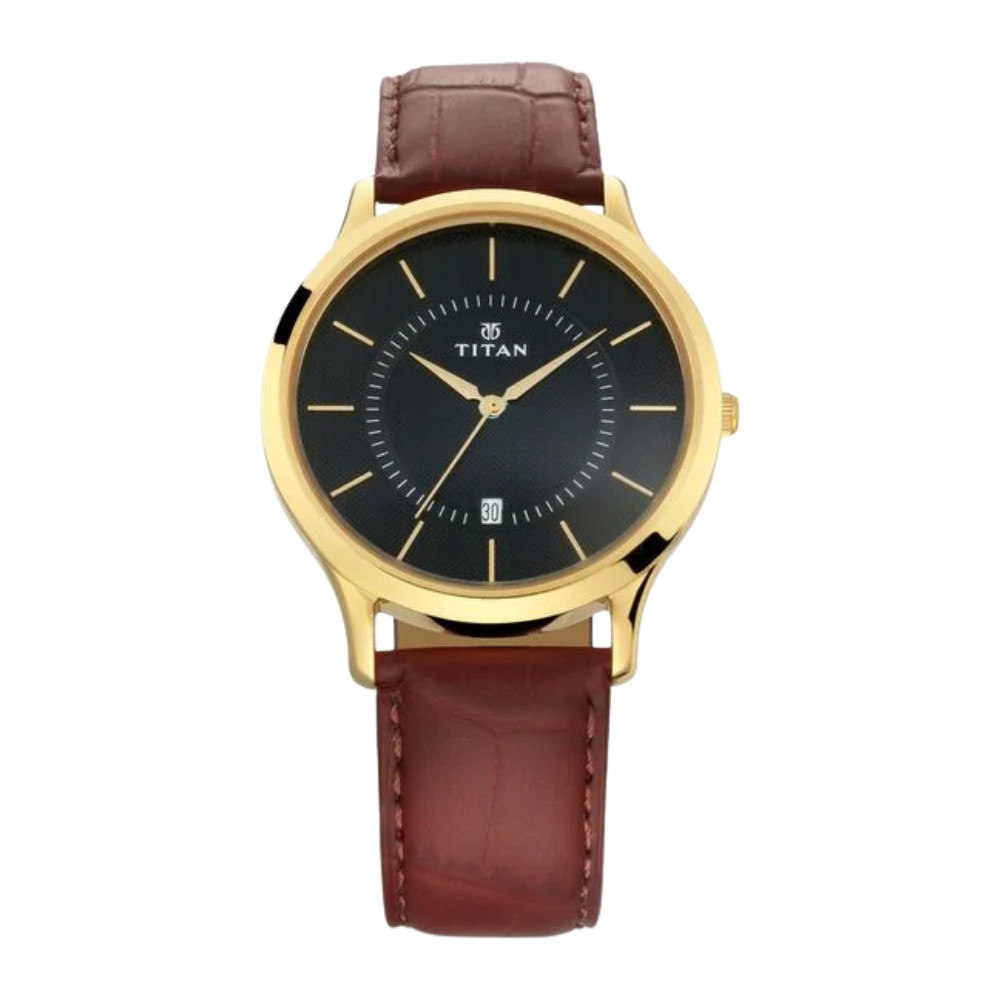 Titan Quartz Analog with Date Black Dial Leather Strap Watch for Men NS1825YL01