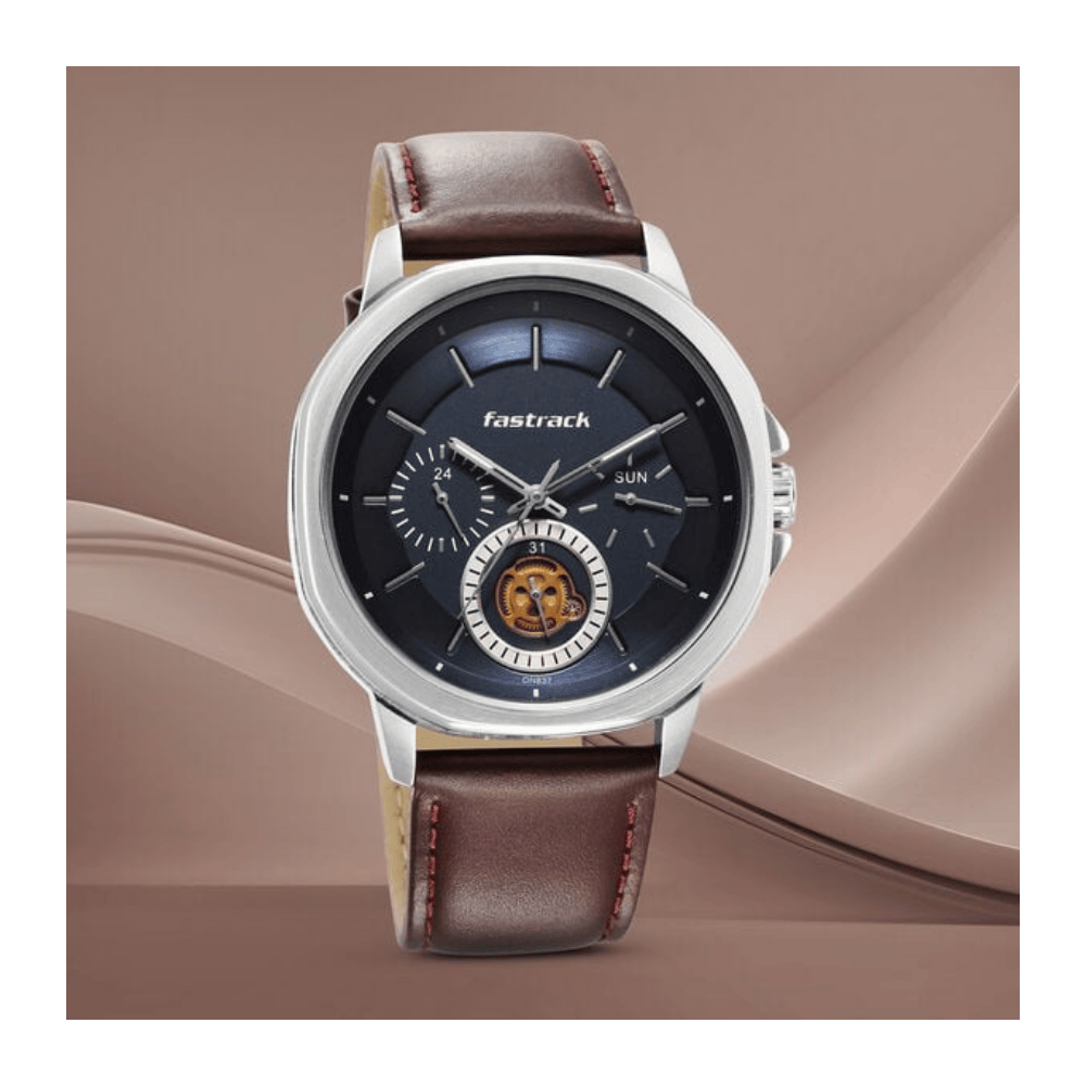 Fastrack Exuberant Quartz Multifunction Blue Dial Leather Strap Watch for Guys (3303Sl01)