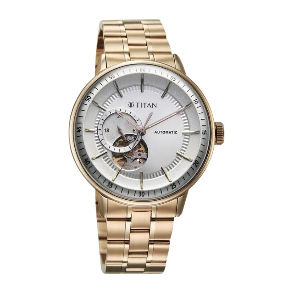 Titan Orbital Open Heart Automatic Analog with White Dial Carnation Gold Stainless Steel Strap Watch for Men 90226WM01